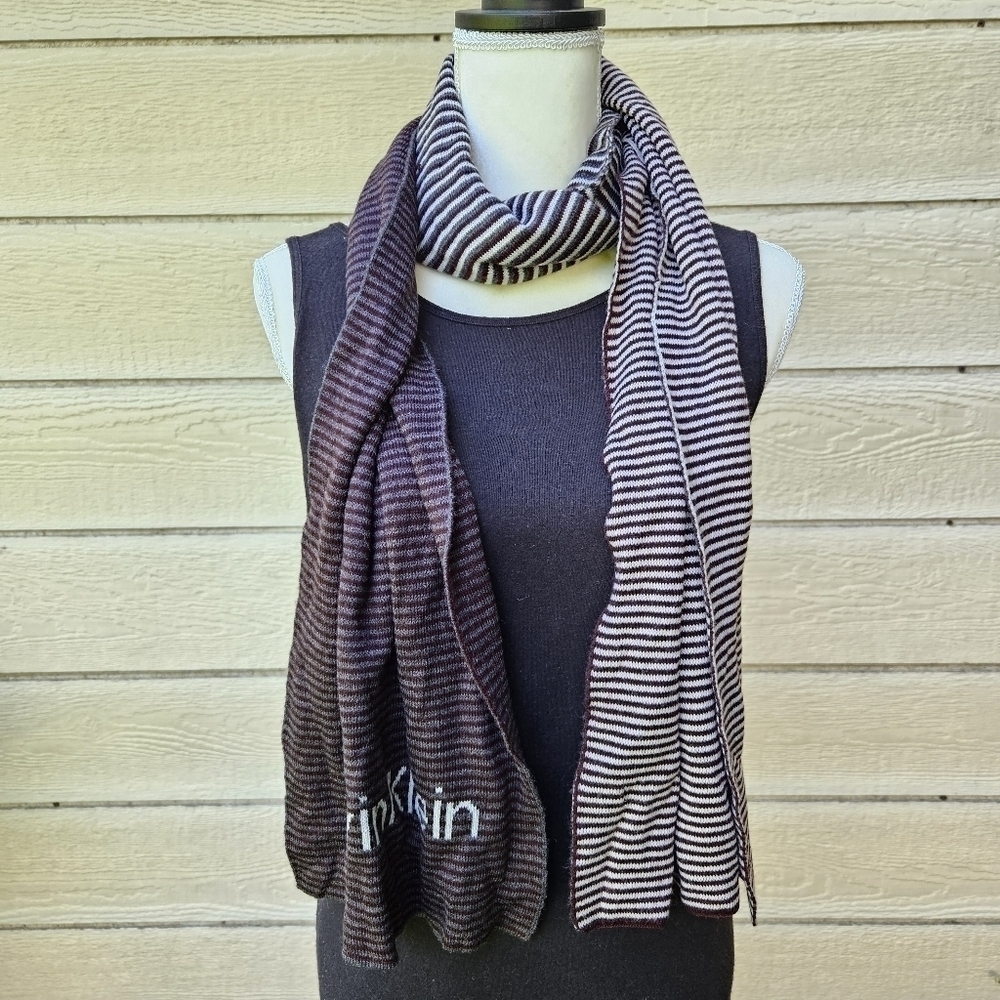 Calvin Klein gray white burgundy striped spellout scarf